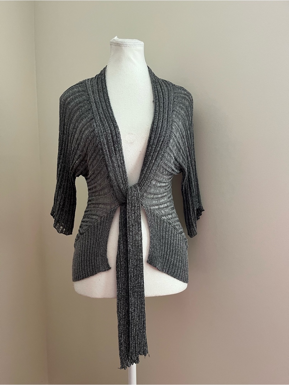 Tie-Front Ribbed Knit Sweater - Gray